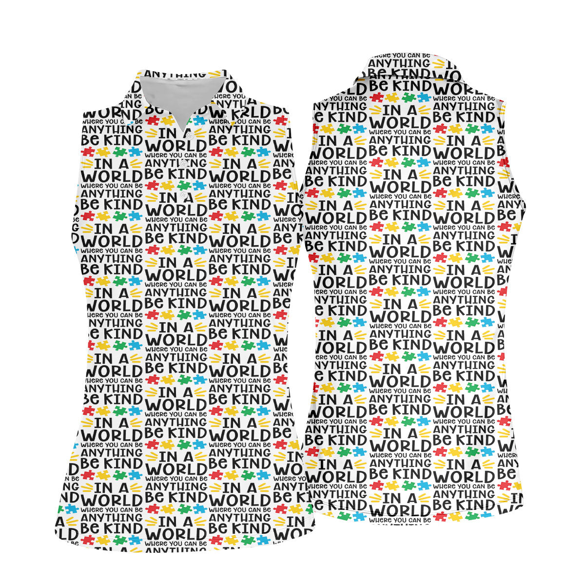 In A World Where You Can Be Anything Be Kind Autism Awareness Puzzle Pattern White Golf Shirt, Women's Golf Shirts