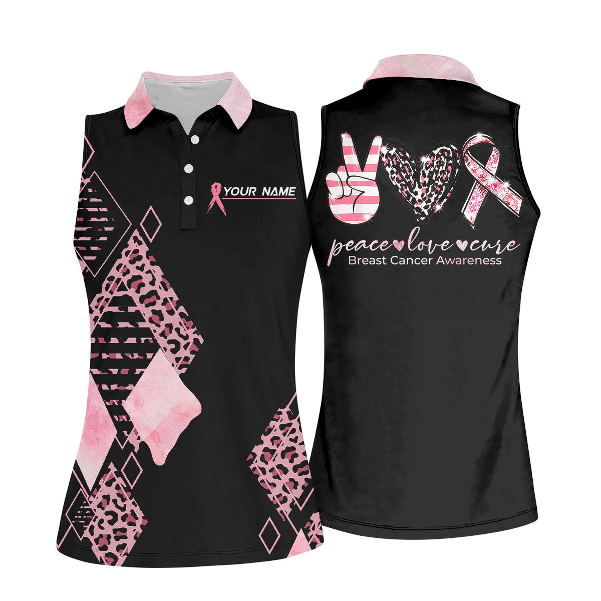 Peace Love Cure Women's Golf Shirt, Breast Cancer Awareness Shirt, Pink Leopard Golf Shirt, Golf Gift For Women