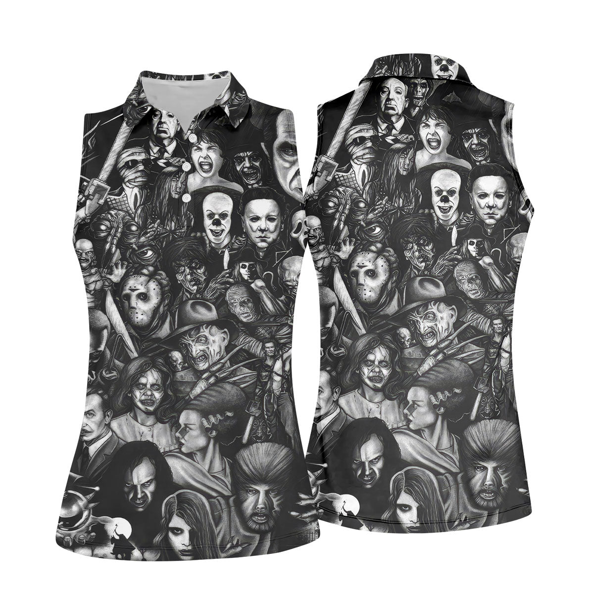 Classic Horror Characters Black And White Golf Polo, Golf Shirt For Women, Halloween Golf Shirt