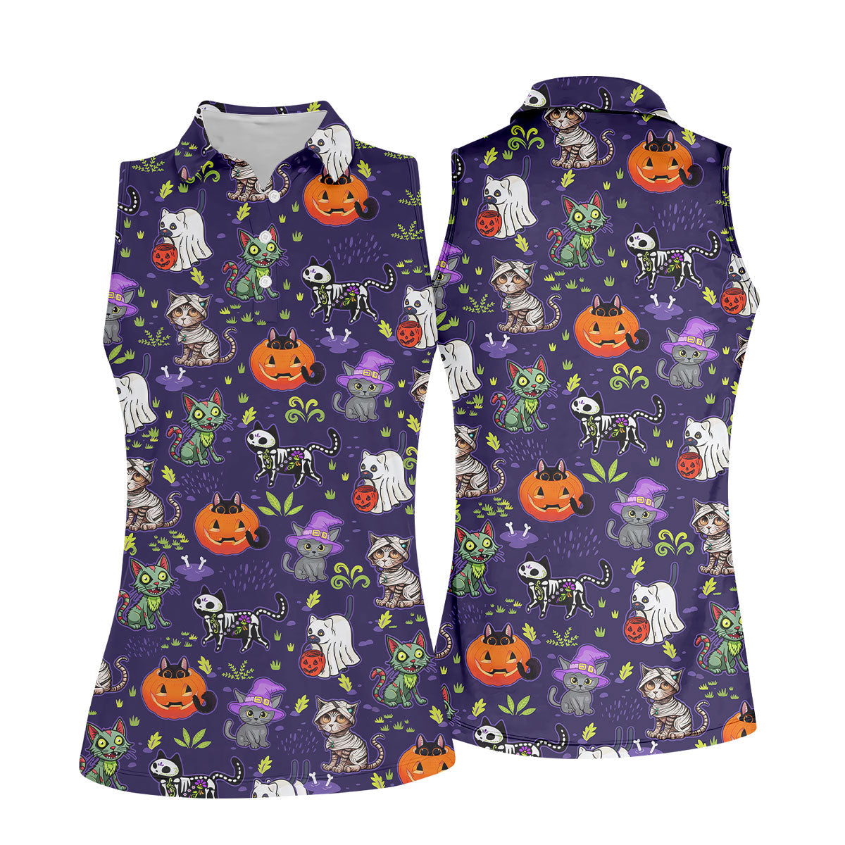 Purple Halloween Cats And Pumpkin Fun Women's Golf Shirts, Cute Golf Outfit, Ladies Golf Shirts
