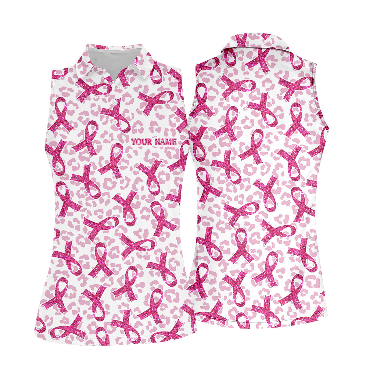 Breast Cancer Pink Ribbon Leopard Pattern Women's Golf Tops, Cancer Awareness Shirt, Ladies Golf Shirts
