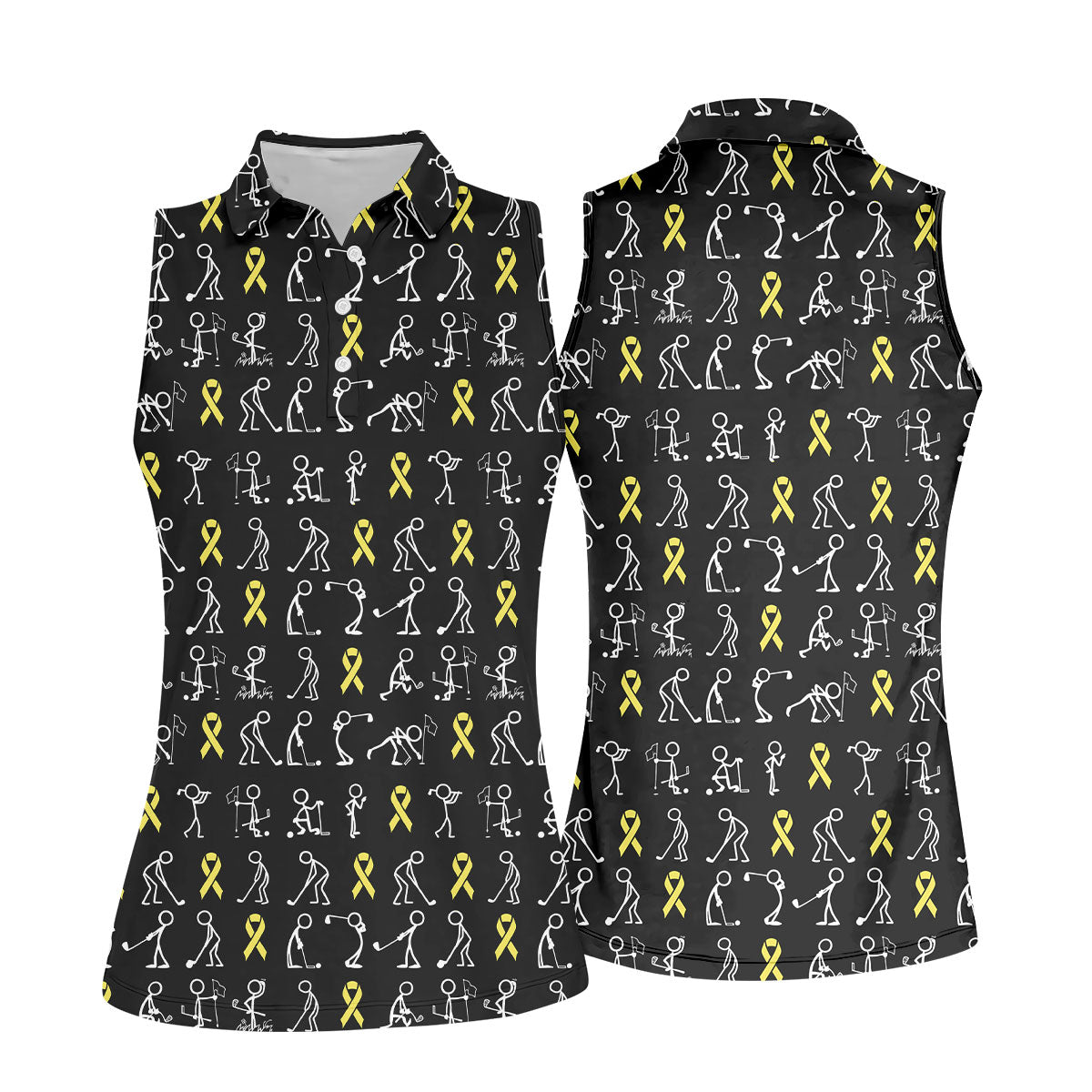 Funny Stick Figure Women's Golf Shirt, Childhood Cancer Awareness Shirt, Yellow Ribbon Golf Shirts For Women