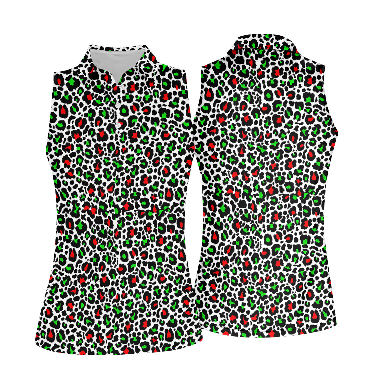 Leopard Pattern Xmas Pine Tree Green And Red Women's Golf Tops, Christmas Golf Shirt, Ladies Golf Shirts