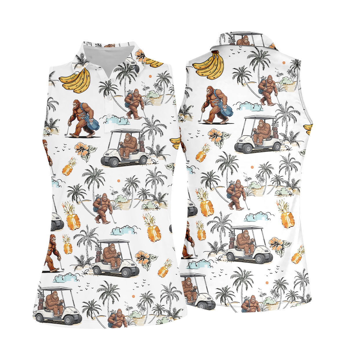 Funny Bigfoot Fruit Flower Hawaiian Golf Polo, Women's Golf Tops, Ladies Golf Shirts, Golfing Apparel