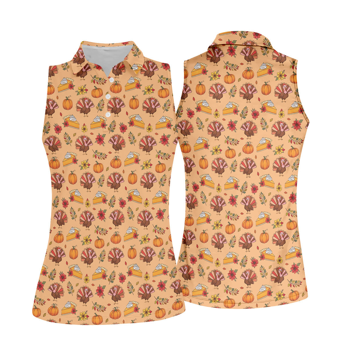 Cute Thanksgiving Turkey Pumpkin Pie Women's Golf Tops, Orange Golf Shirt, Thanksgiving Golf Gift For Ladies