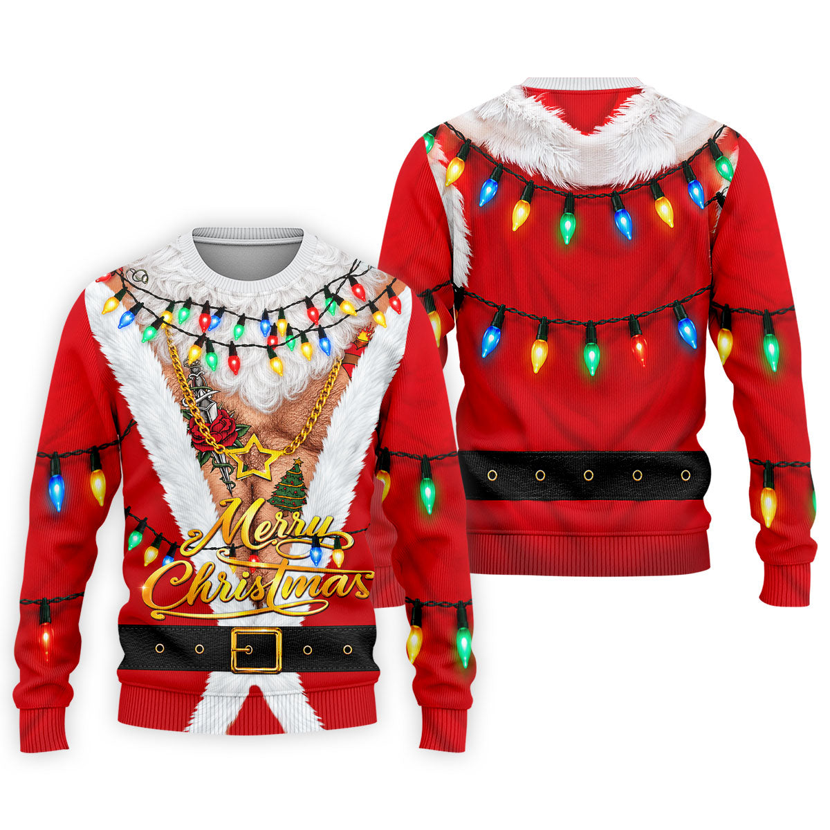 Merry Christmas Santa Lights Gold Chain Polo Shirt, Mens Golf Polo, Golf Shirts For Men