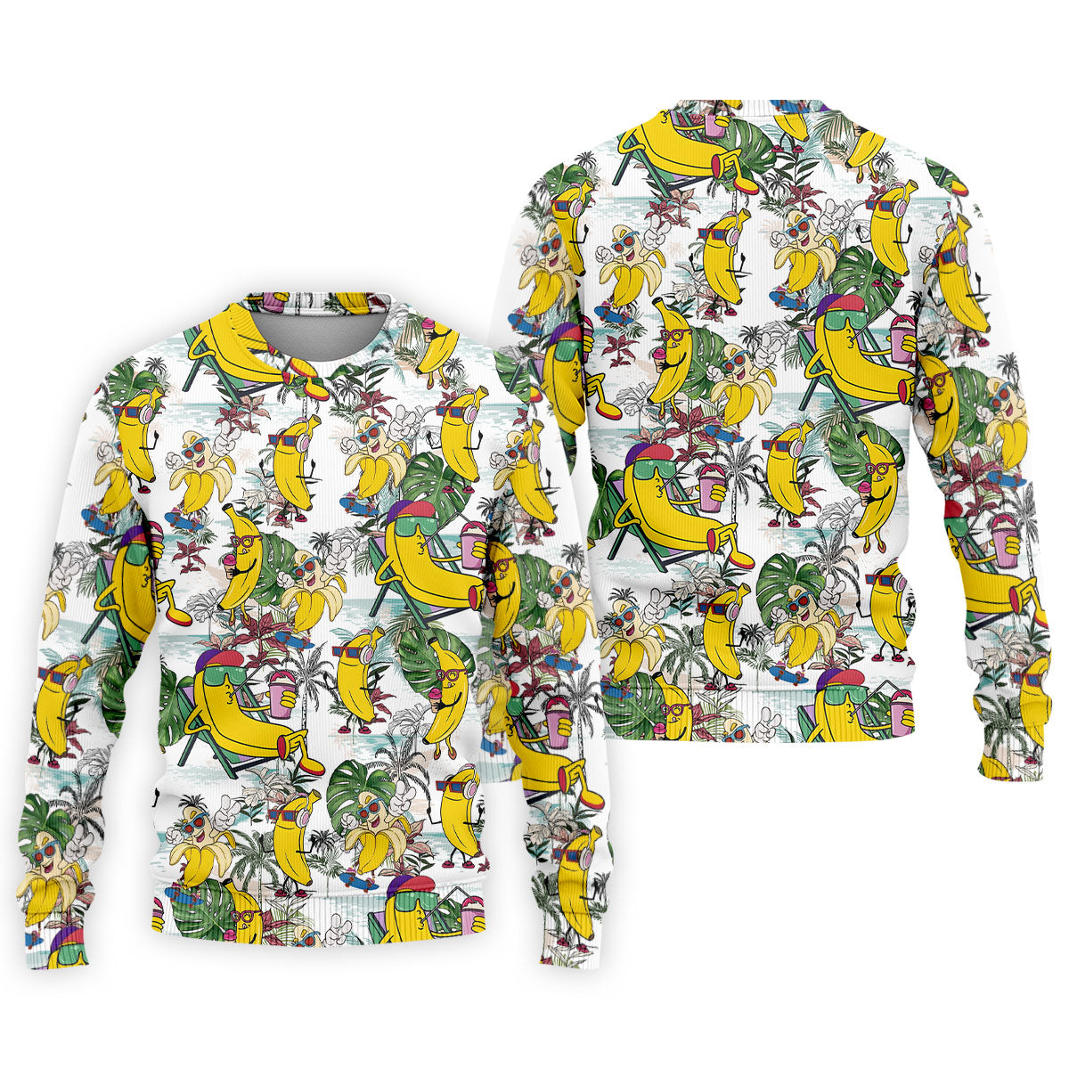 Cartoon Banana Characters On Tropical Island Hawaiian Golf Polo, Golf Tops For Men, Golfing Apparel