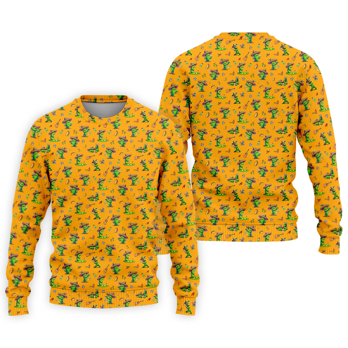 Cartoon Mustach Funny Cactus Cinco De Mayo Celebration Fiesta Themed Orange Golf Shirts For Men