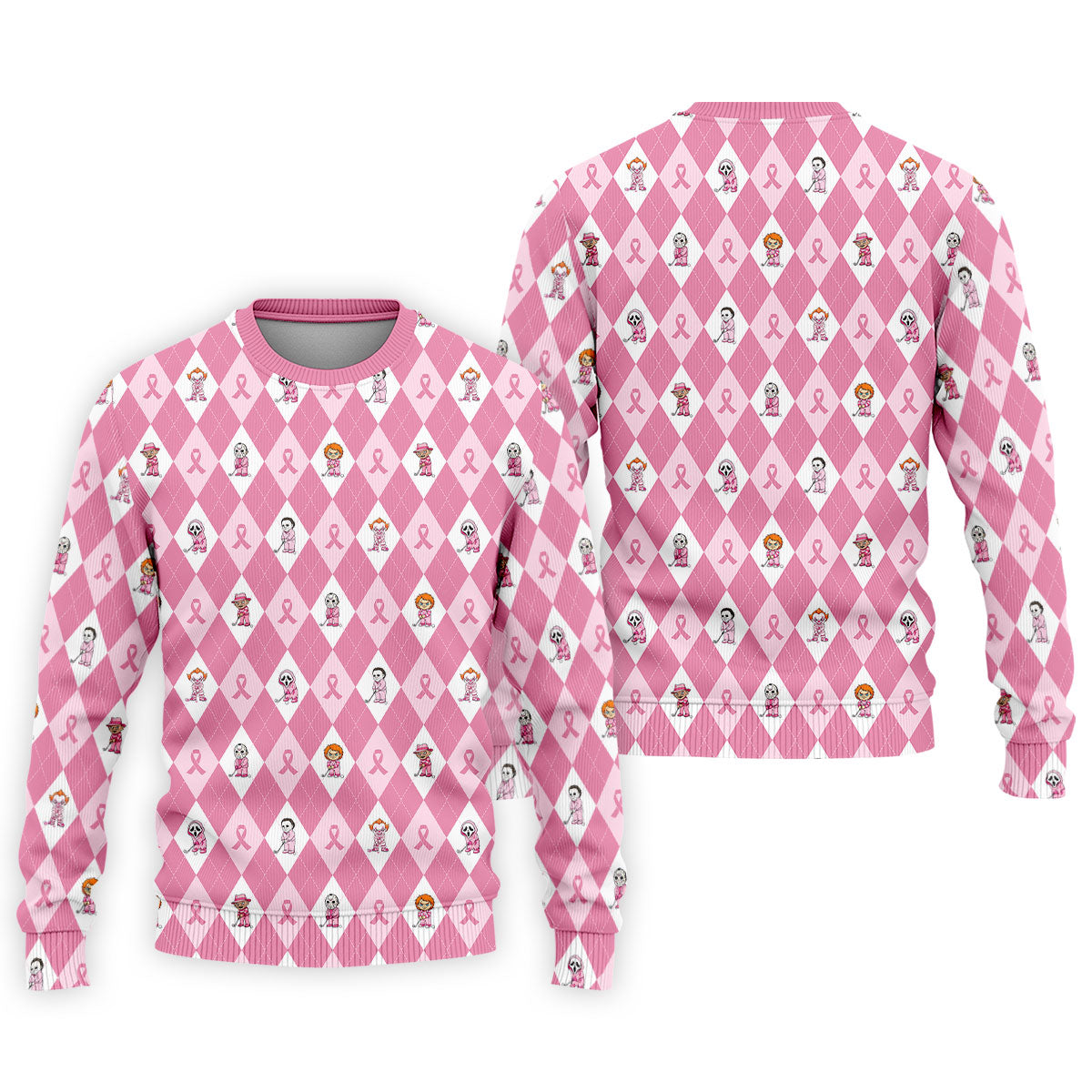 Pink Argyle Horror Character Breast Cancer Polo Shirt, Golf Shirts For Men, Mens Golf Shirts