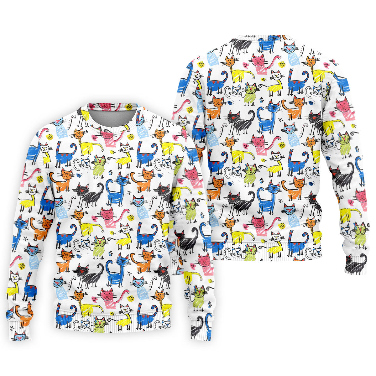 Cartoon Cat Golf Shirt, Colorful Doodle Cat Pattern, Polo Shirts For Men