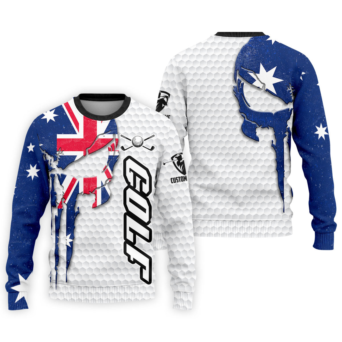 Cool Skull Golf Ball Pattern Australia Flag Print White Golf Shirt, Polo Shirts For Men