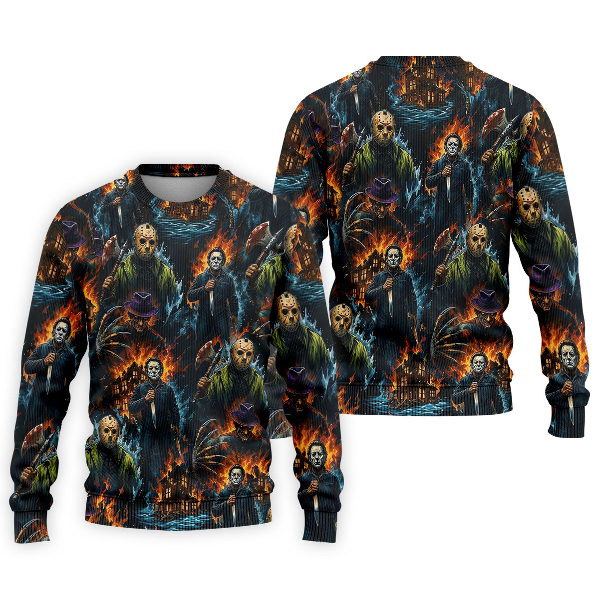 Horror Character Fire Collage Halloween Polo Shirt, Mens Golf Shirts, Mens Polo Shirts
