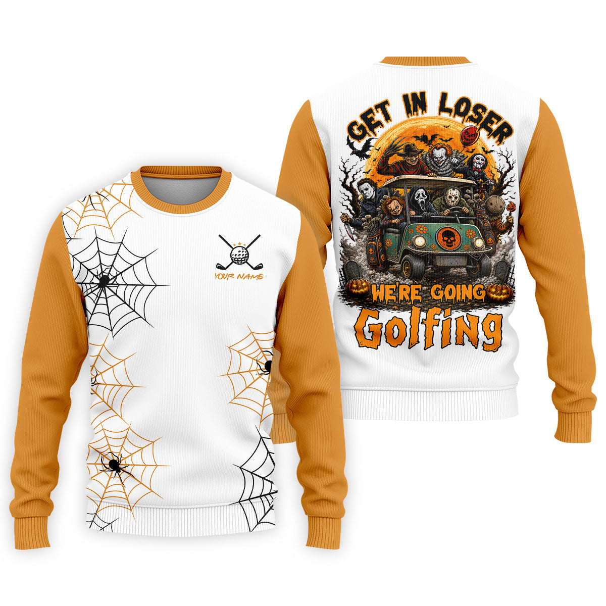 Custom Get In Loser We're Going Golfing Halloween Horror Character Golf Shirt, Golf Shirts For Men