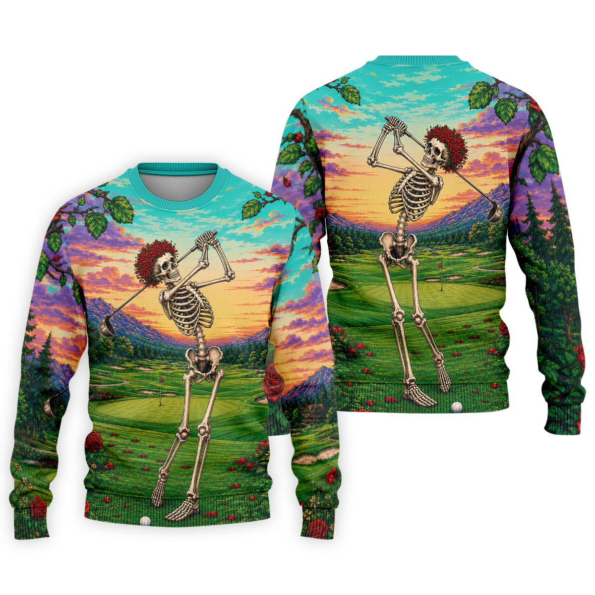 Skeleton Golfer Sunset Golf Course Shirt, Mens Golf Apparel, Halloween Golf Shirt
