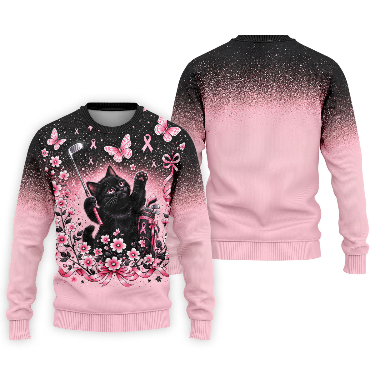 Black Cat Breast Cancer Ribbons Polo Shirt, Mens Golf Polo, Golf Apparel For Men