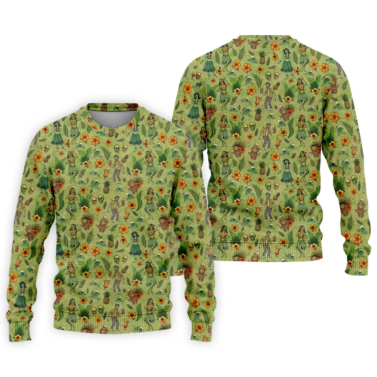 Tiki Zombie Hawaiian Golf Shirt, Hula Dancer Skull Pattern, Polo Shirts For Men
