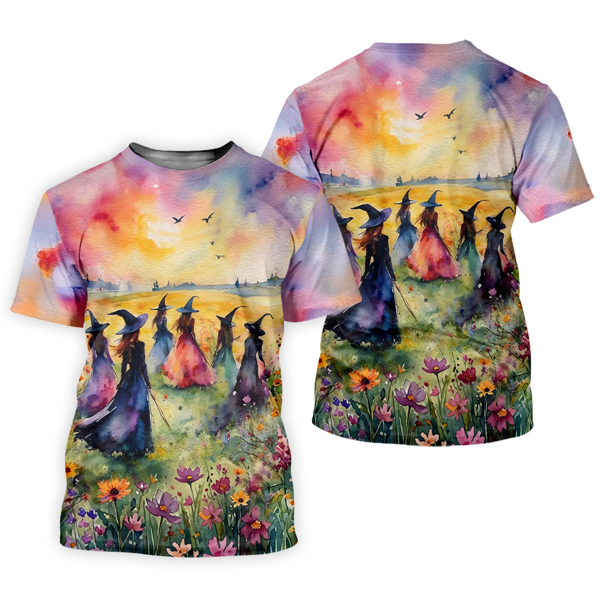 Watercolor Witch Gathering Halloween Golf Polo Shirt, Ladies Golf Tops, Women’s Golf Polo