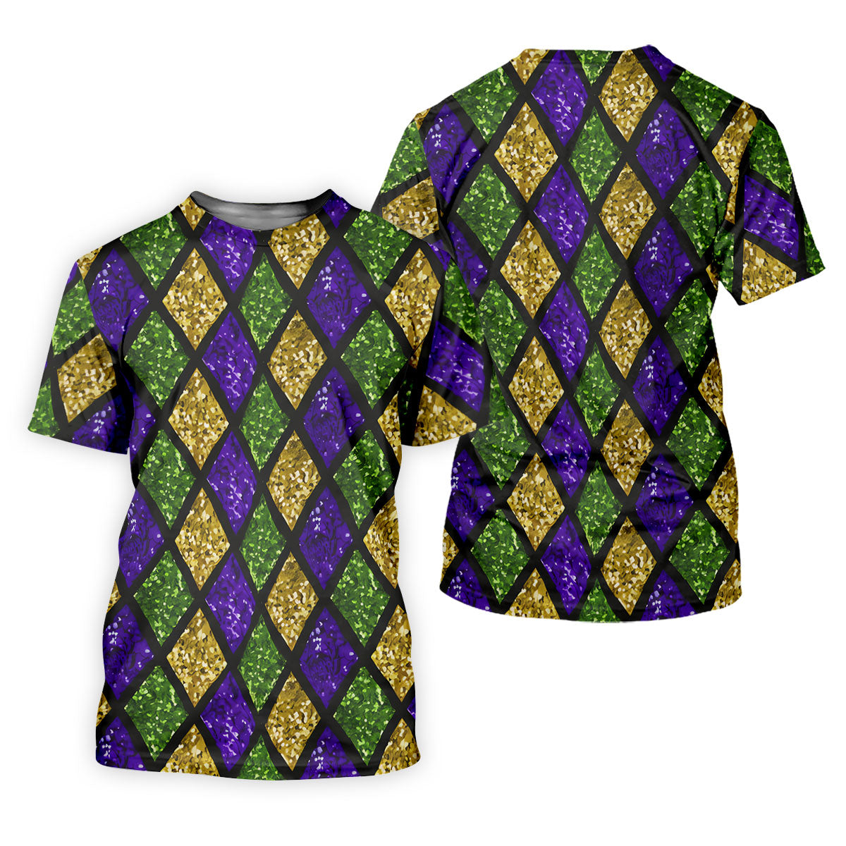 Green Purple Gold Argyle Pattern Sparkling Effect Mardi Gras Golf Shirt, Women's Golf Tops, Ladies Golf Shirts