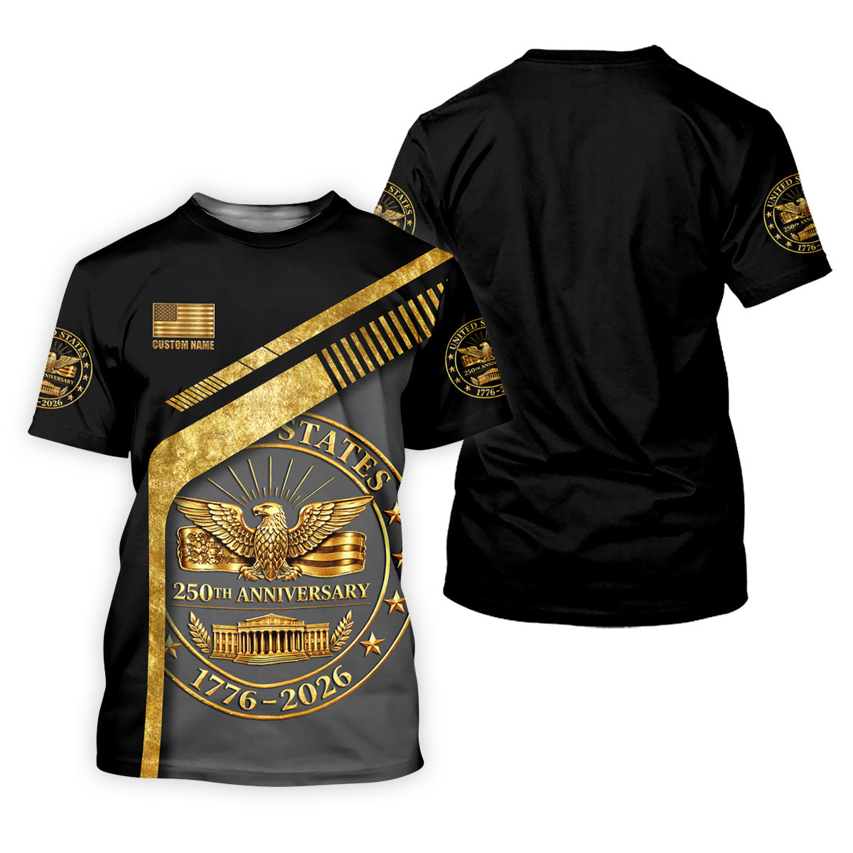 US 250th Anniversary Black And Gold Patriotic 4th Of July Golf Shirt, Custom Name Golf Shirt For Women