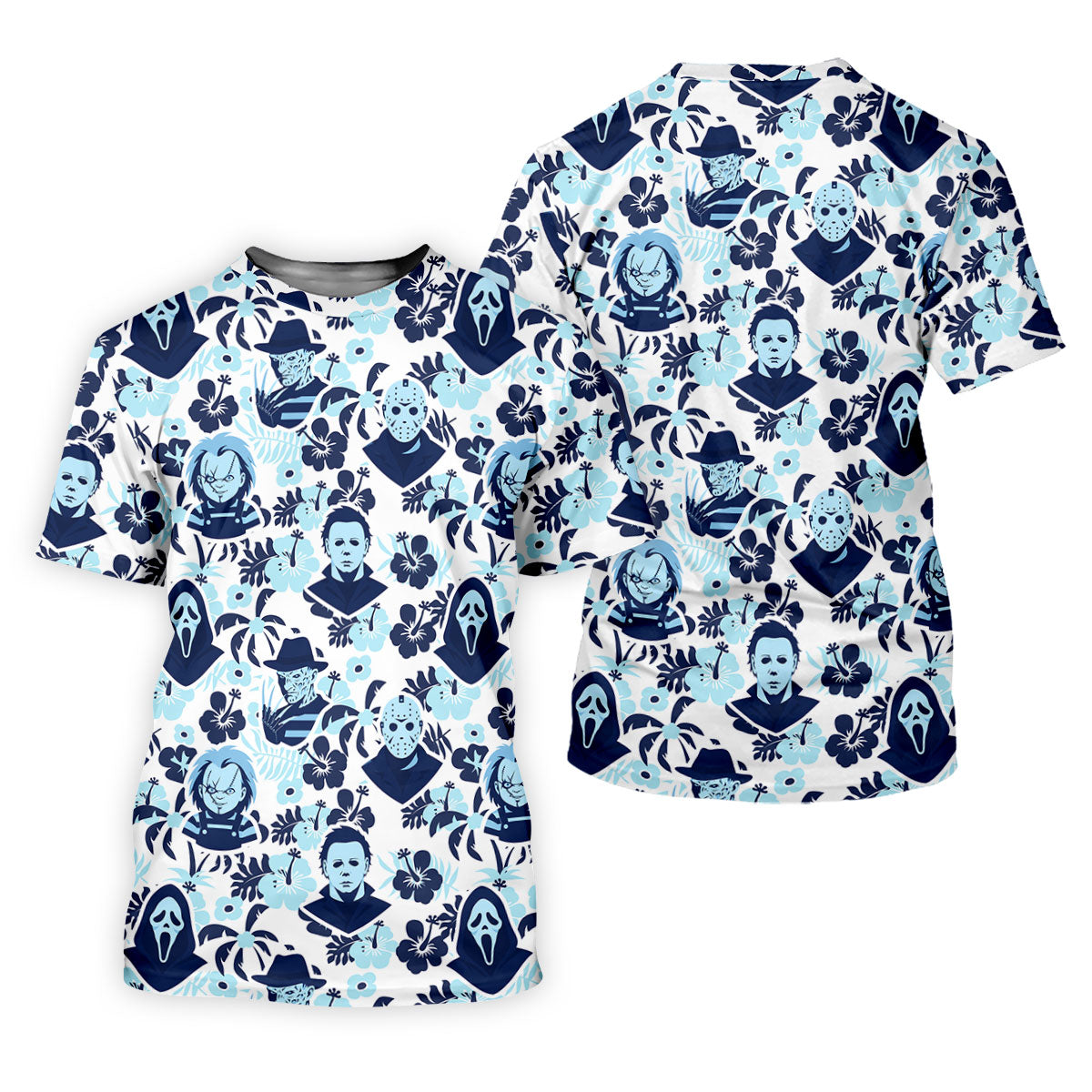 Blue Tropical Horror Character Halloween Golf Shirt, Women's Golf Apparel, Printed Golf Shirt