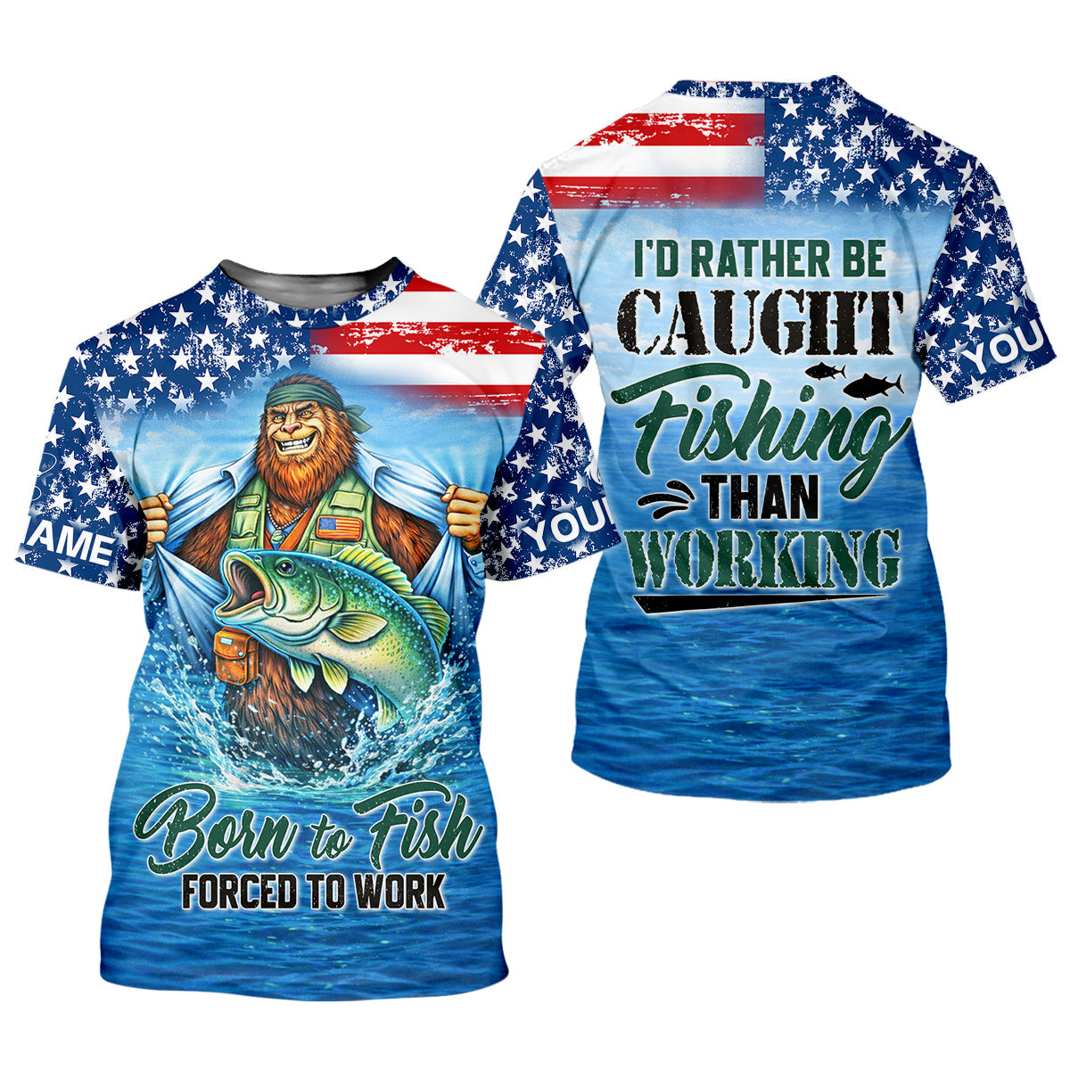Born to Fish Forced to Work Bigfoot Fishing UPF Shirt – American Flag Fishing Shirt