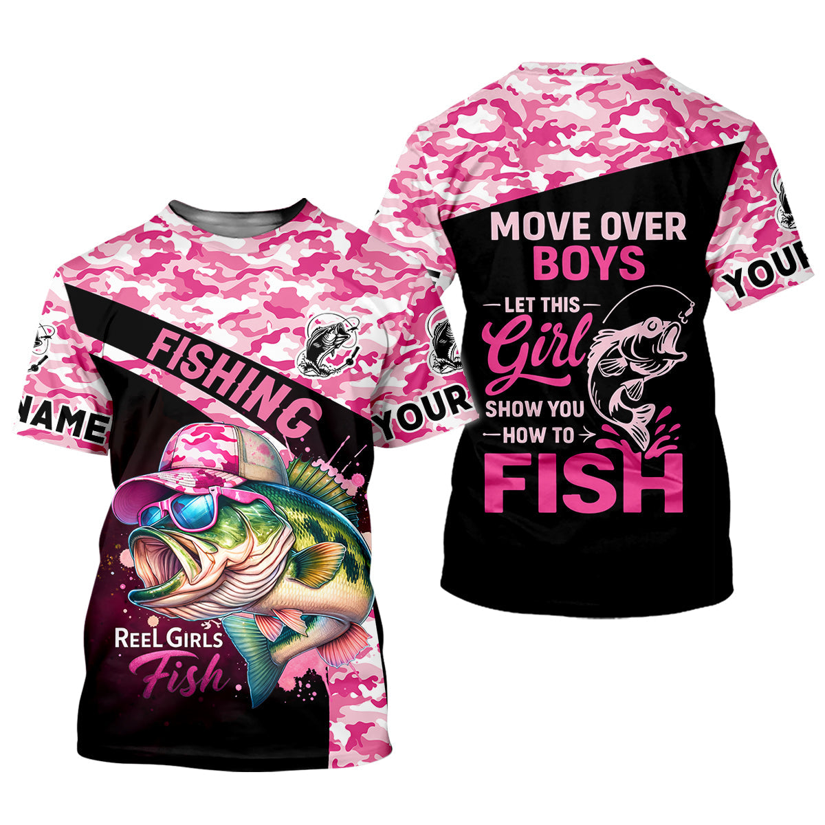 Personalized Move Over Boys Fishing Shirt, Pink Camo Girl Angler, Custom Name Fishing Shirt