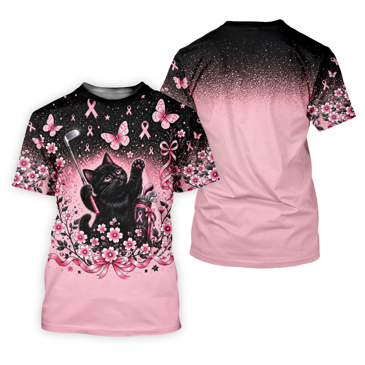 Black Cat Breast Cancer Ribbons Polo Shirt, Mens Golf Polo, Golf Apparel For Men