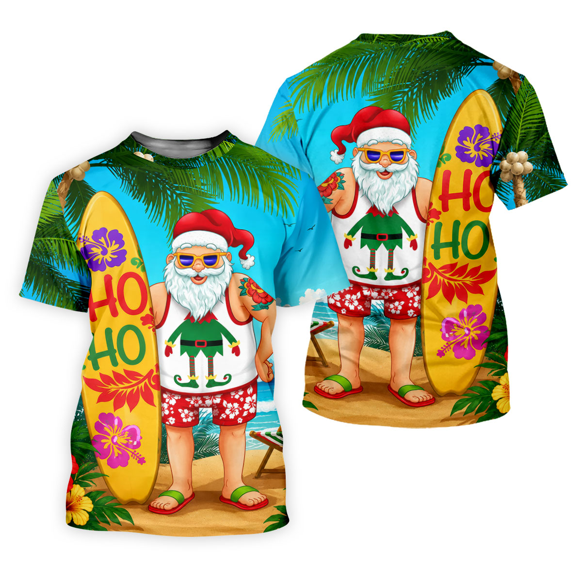 Surfboard Santa Tropical Christmas Golf Shirt, Men's Golf Shirt, Hawaiian Golf Shirt