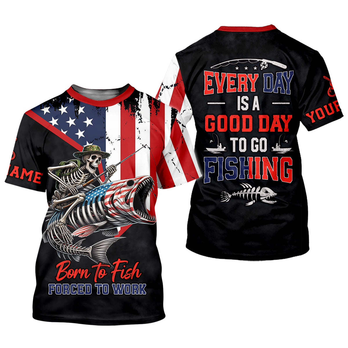 Born To Fish Forced To Work USA Fishing Shirt, Funny Fishing UPF Shirts, Personalized Fishing Shirts For Men