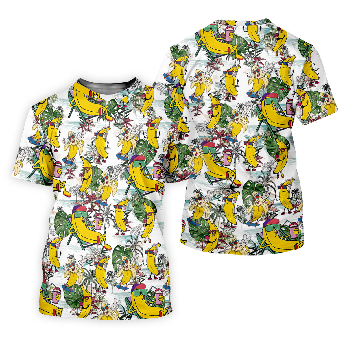 Cartoon Banana Characters On Tropical Island Hawaiian Golf Polo, Golf Tops For Men, Golfing Apparel