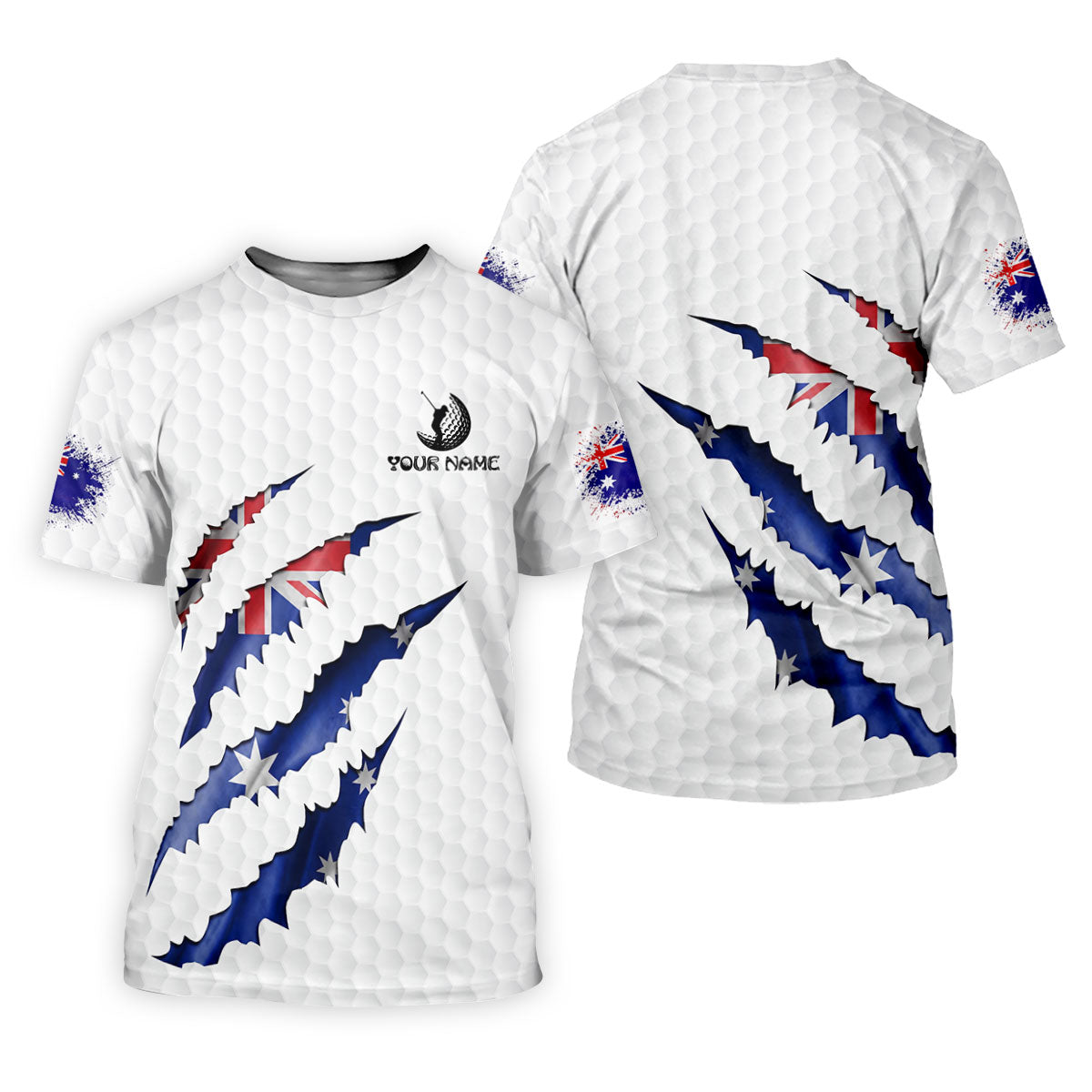 Golf Ball Pattern Australia Flag Print Scratch Effect Men's Golf Top, Golf Shirts For Men