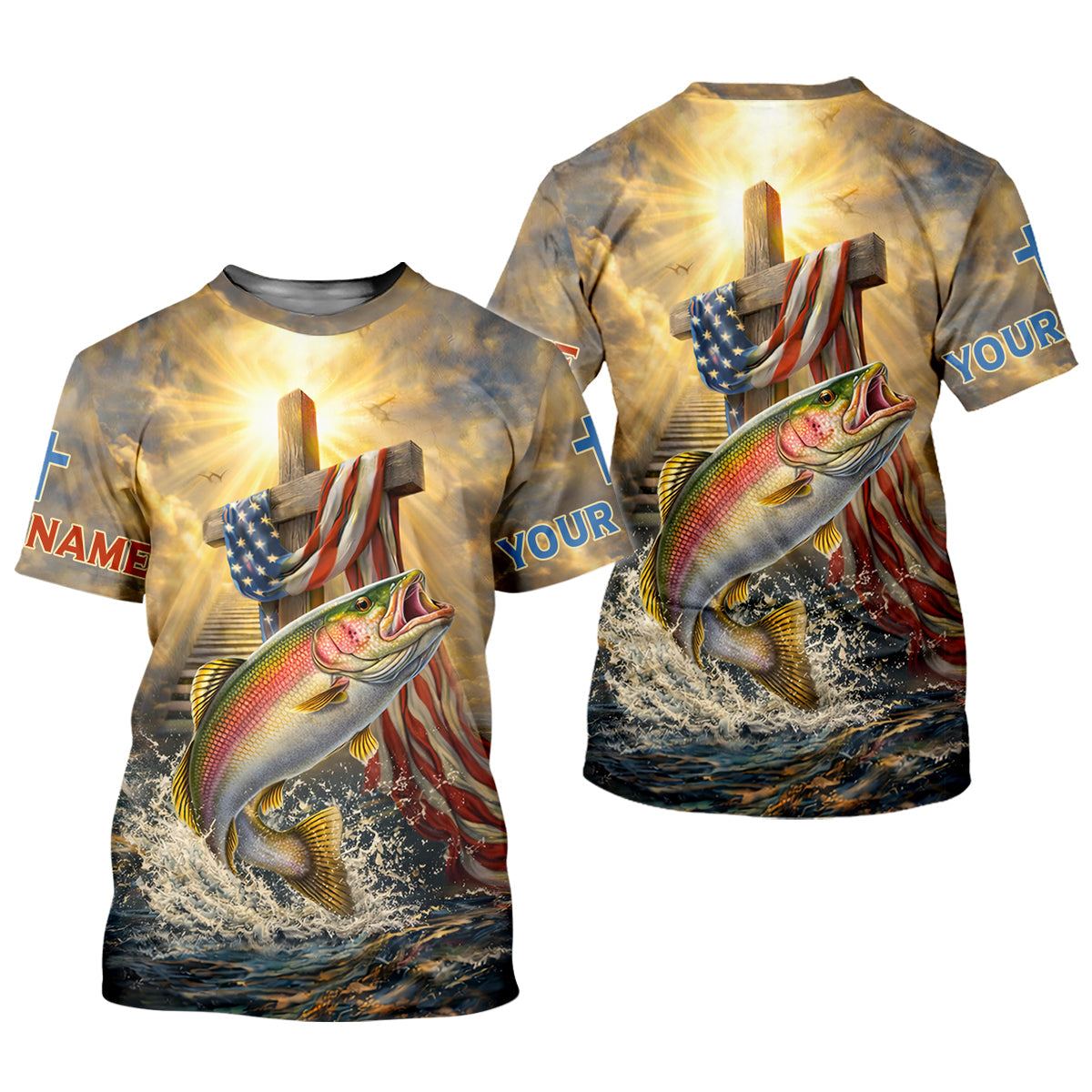 Faith Cross Patriotic Fishing Shirt, Fishing UPF Shirts, 250th Anniversary Fishing Shirts For Men