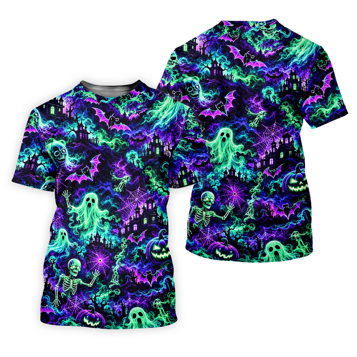 Neon Ghost Skeleton Halloween Horror Character Polo Shirt, Golf Shirt, Womens Golf Apparel