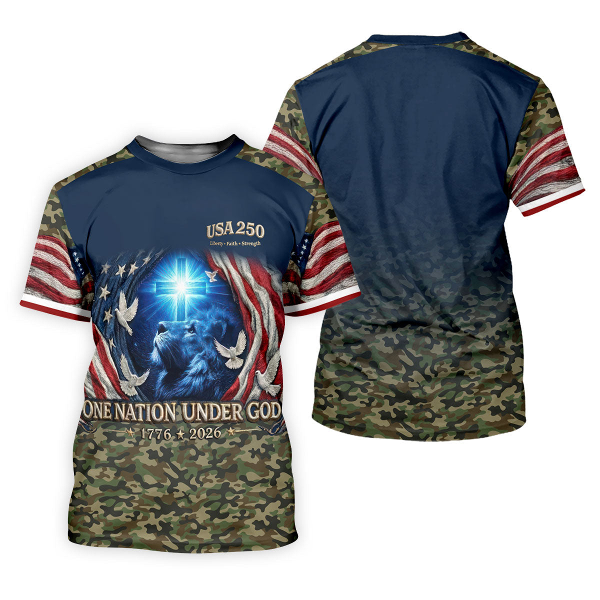 One Nation Under God Faith Cross USA 250 Navy Camo Golf Shirt, 4th Of July Golf Shirt For Women