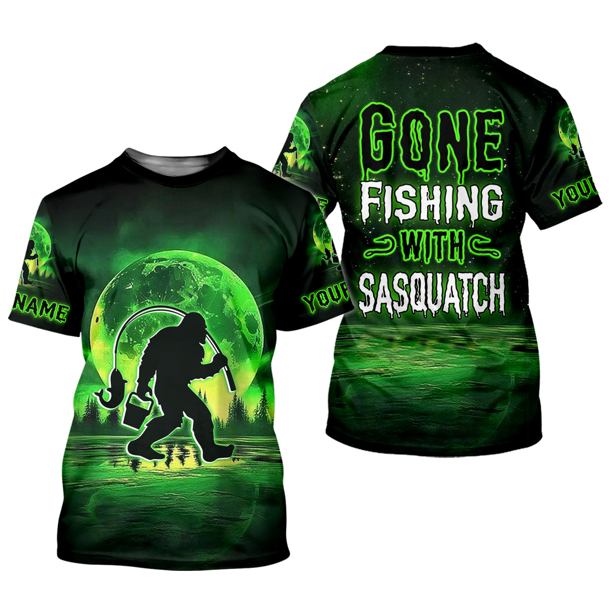 Gone Fishing With Sasquatch Neon Green Color Funny Fishing Shirt, SPF Shirt For Men, Presents For Fishermen