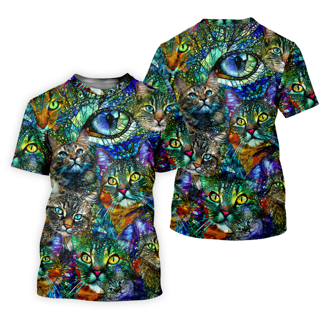 Colorful Stained Glass Cat Art Golf Polo Shirt, Men's Golf Shirt, Golf Polo Shirts For Men