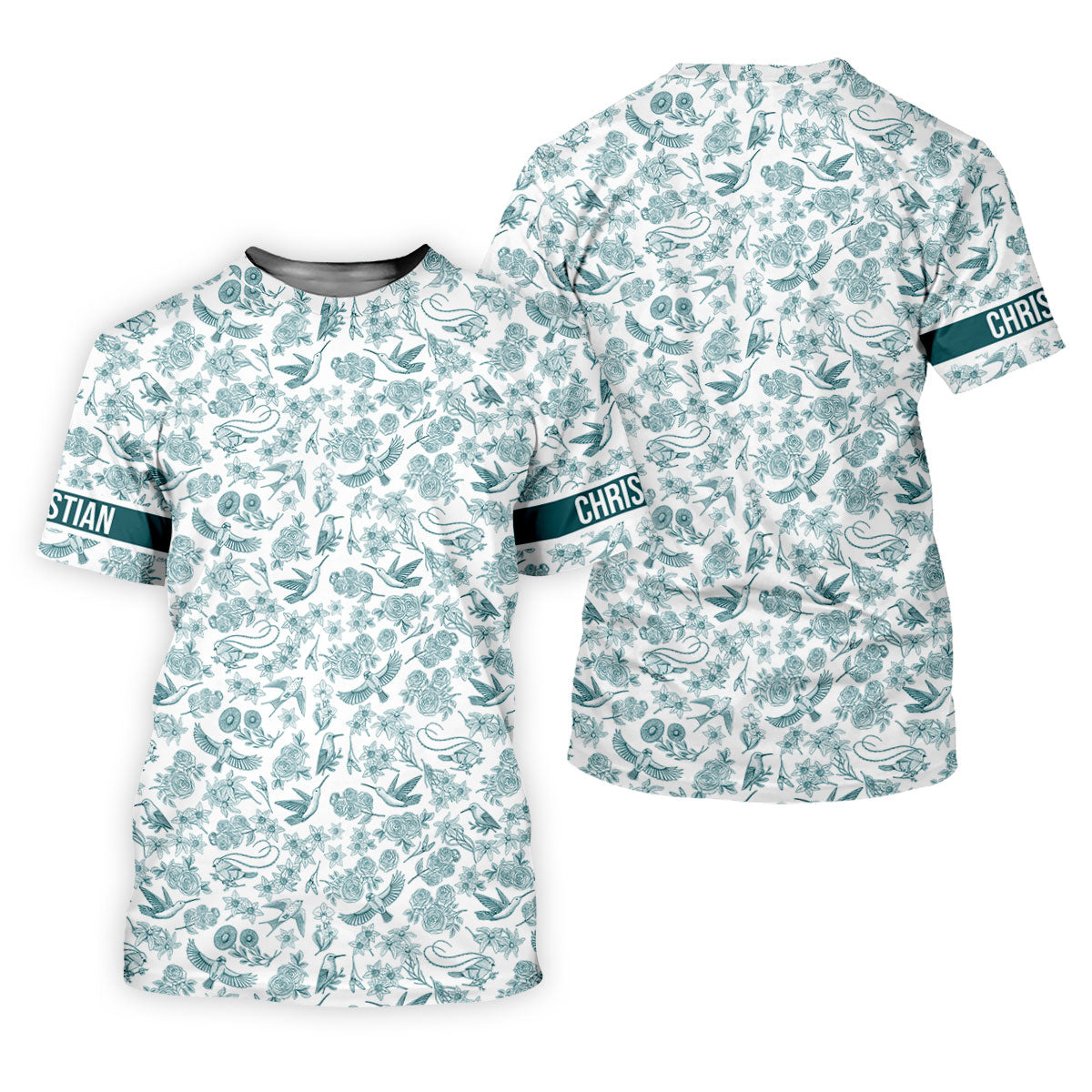 Custom Name Toile de Jouy Birds And Flowers Teal And White Women Golf Top, Ladies Golf Polos