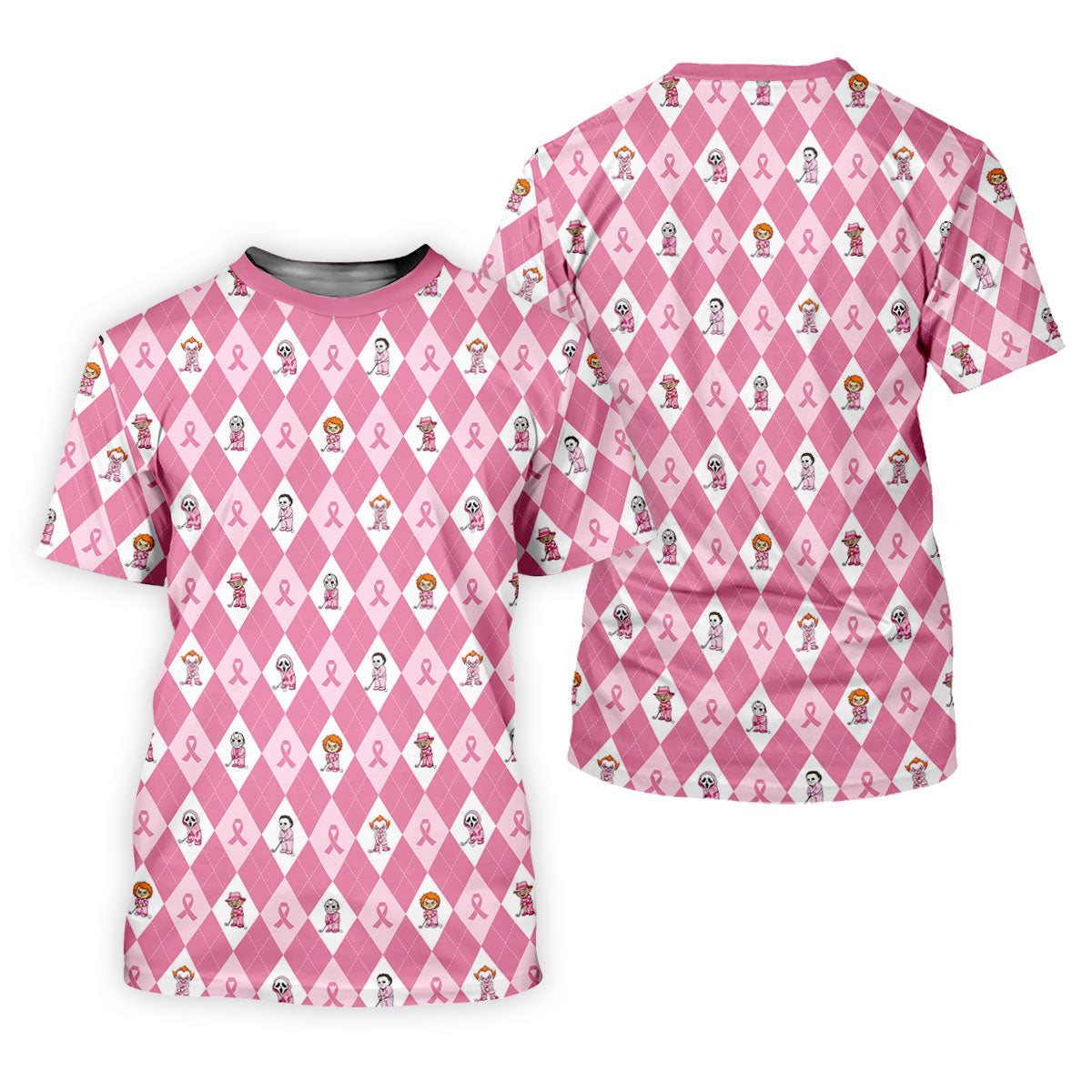 Pink Argyle Horror Character Breast Cancer Polo Shirt, Golf Shirts For Men, Mens Golf Shirts