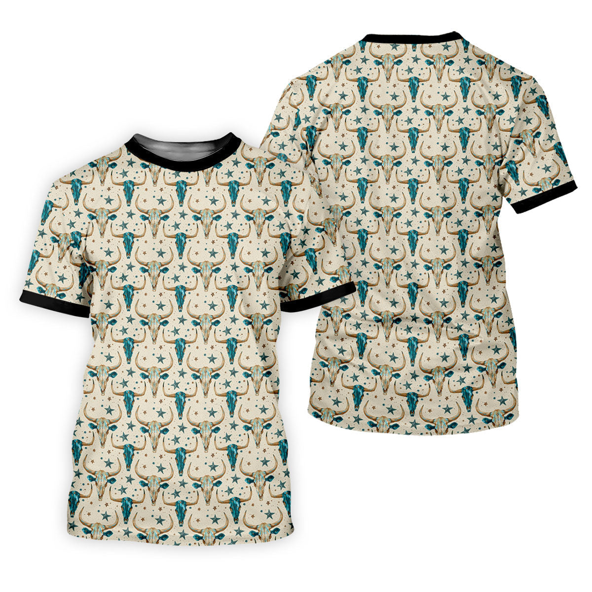 Cow Skulls Turquoise And Beige Western Theme Golf Tops For Men, Polo ShirtFor Men, Golf Shirts For Men
