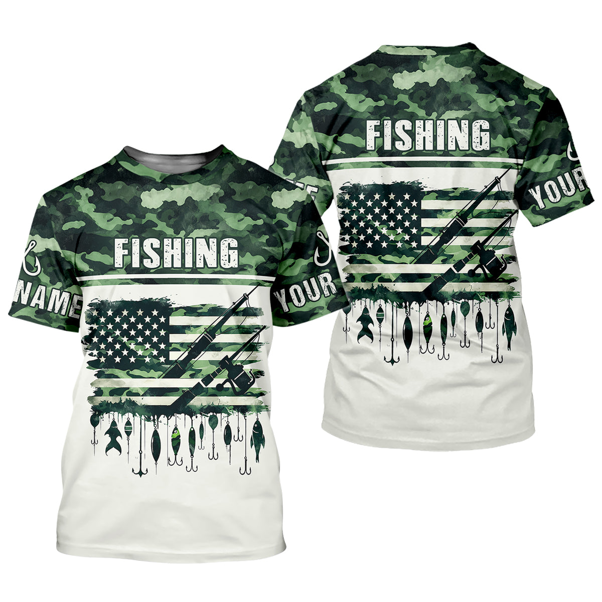 Fishing Green Camo US Flag Pattern Fishing UPF Shirts, 250 Years Fishing Shirts For Men