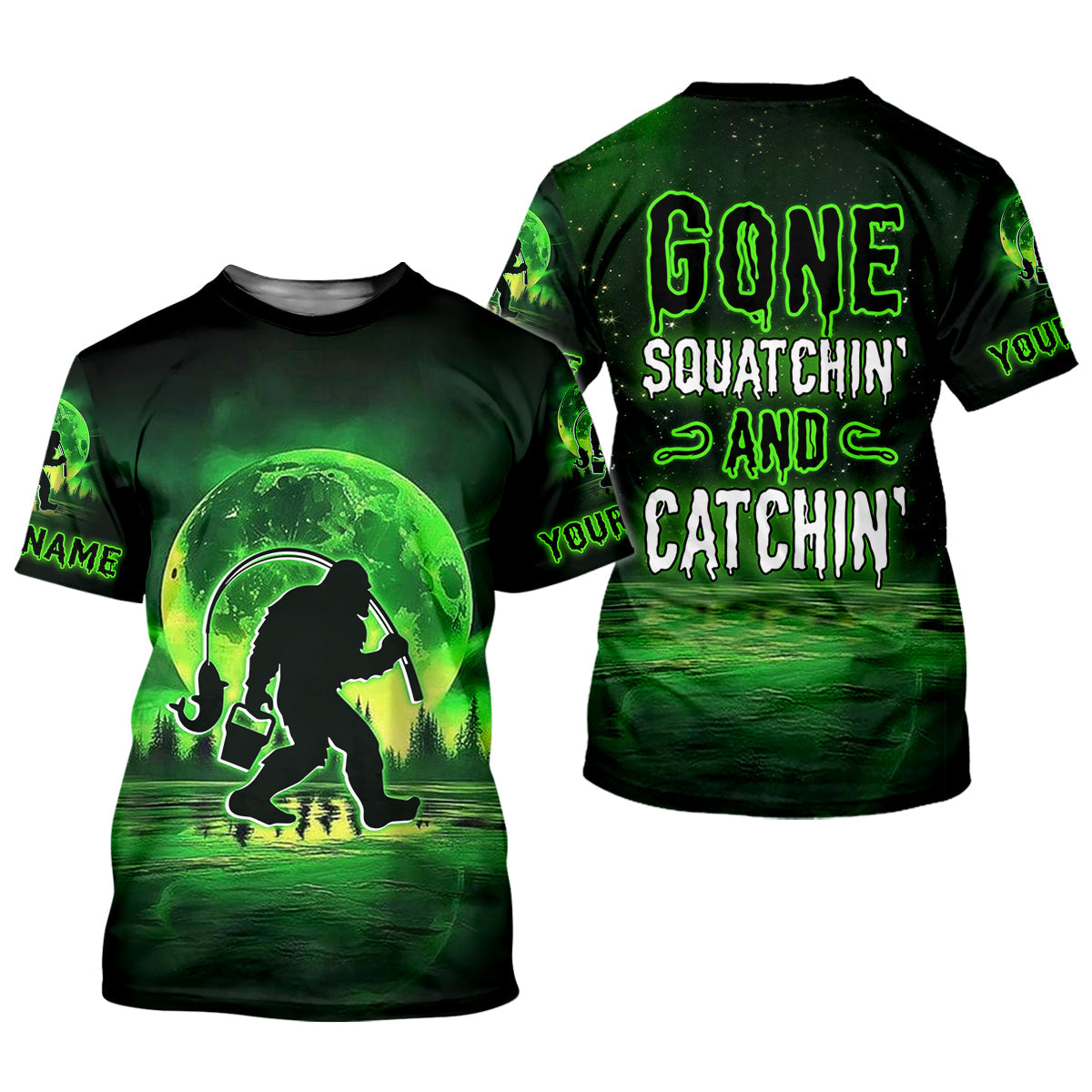 Gone Squatchin And Catchin Neon Green Color Funny Fishing Shirt, Women SPF Shirt, Female Fishing Shirts