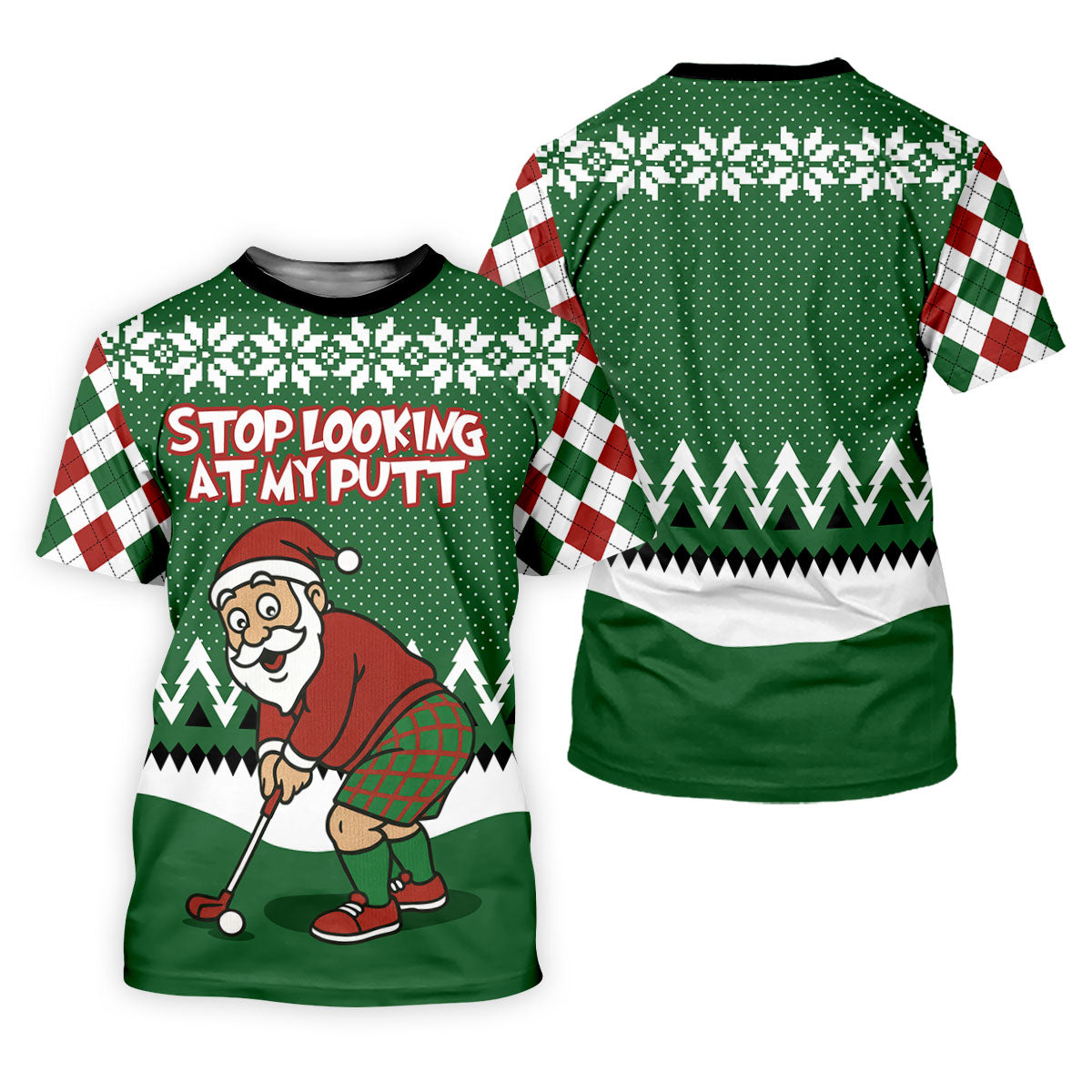 Stop Looking At My Putt Funny Santa Claus Argyle Golf Shirt, Christmas Golf Shirt, Women's Golf Tops