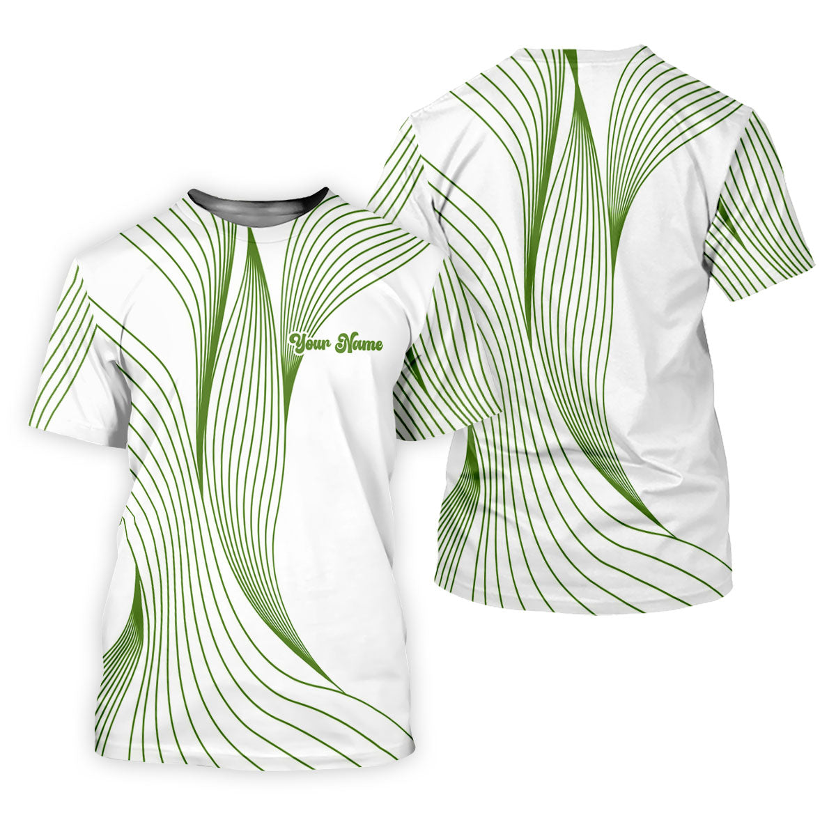 Geometric Line Wavy Line Green And White Custom Name Women's Golf Tops, Ladies Golf Shirts, Women's Polo Shirt