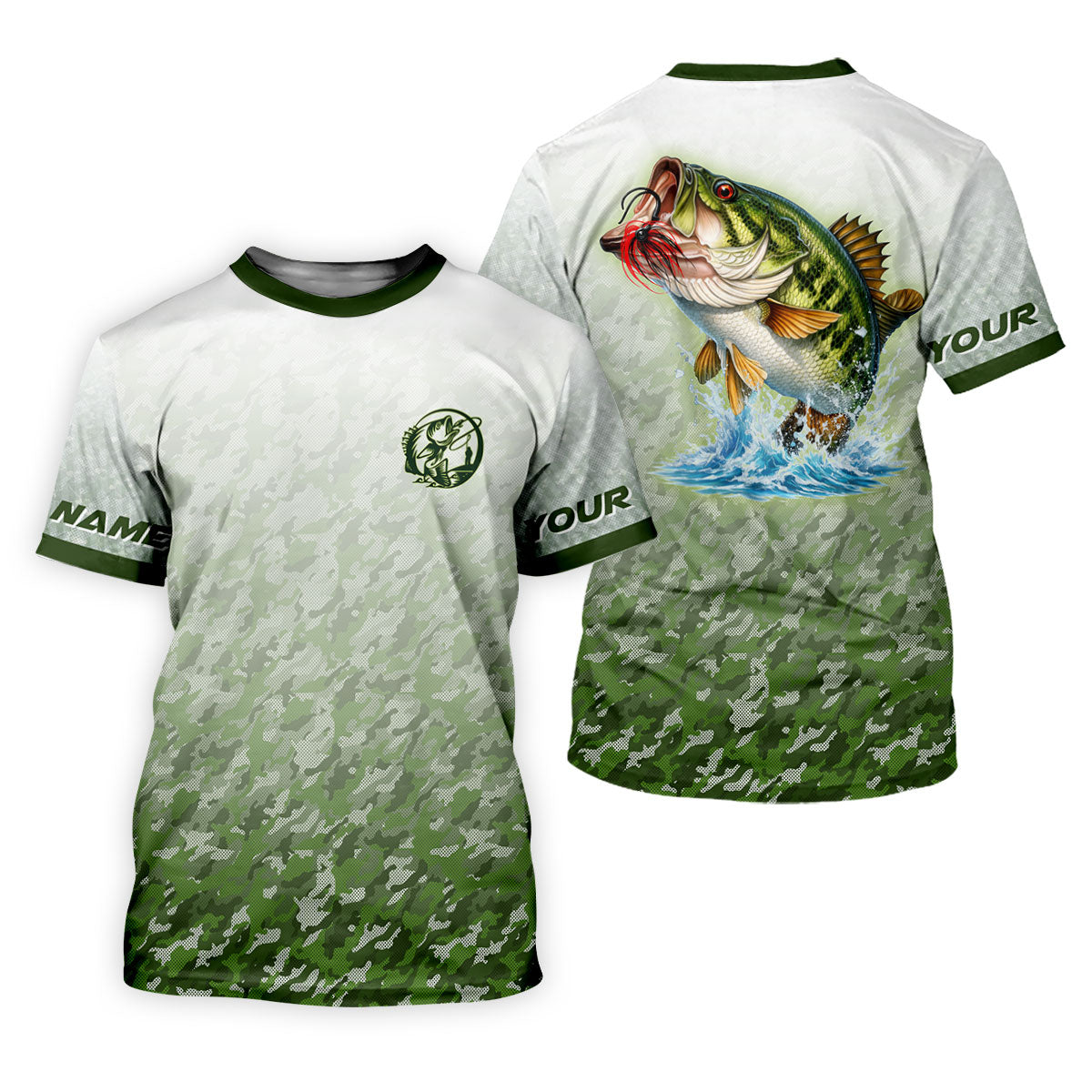 Custom Largemouth Bass Fishing Shirt for Men, Camo Green Angler Shirt, Fishing UPF Shirts