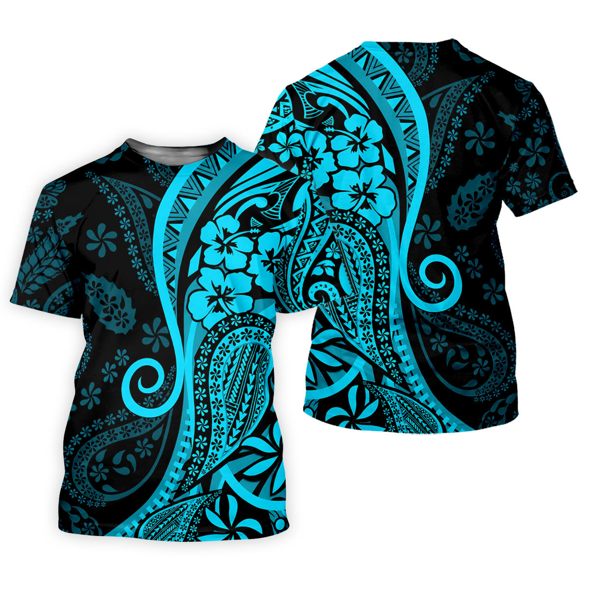 Island Tribal Golf Shirt, Blue Hawaiian Hibiscus Polo, Polo Shirts For Men