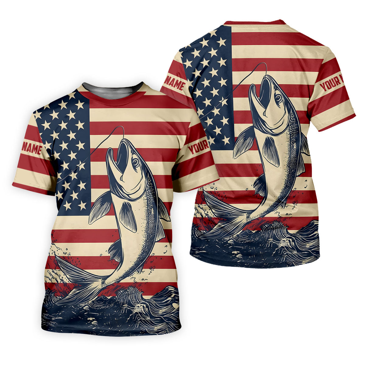 Personalized American Flag Fishing Shirt, Patriotic Bass Long Sleeve UPF For Men