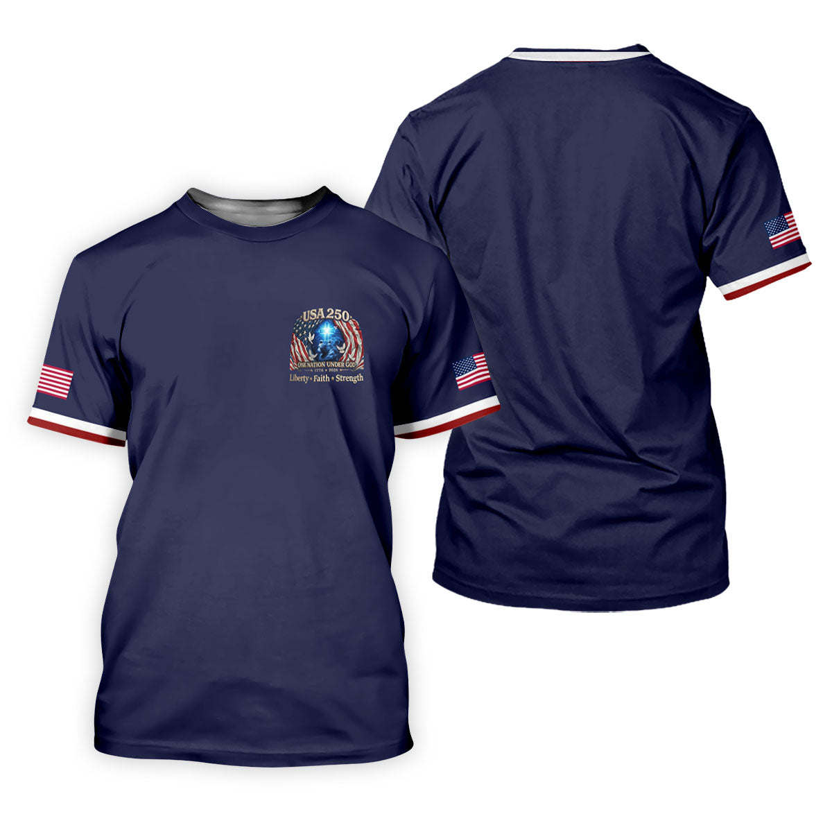 One Nation Under God Faith Cross USA 250 Logo Navy Golf Shirt, 4th Of July Golf Shirts For Men
