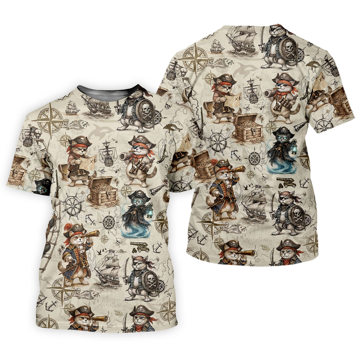 Vintage Pirate Cat Treasure Map Adventure Golf Shirt, Mens Polo Shirt, Hawaiian Golf Shirt, Golf Shirts For Men