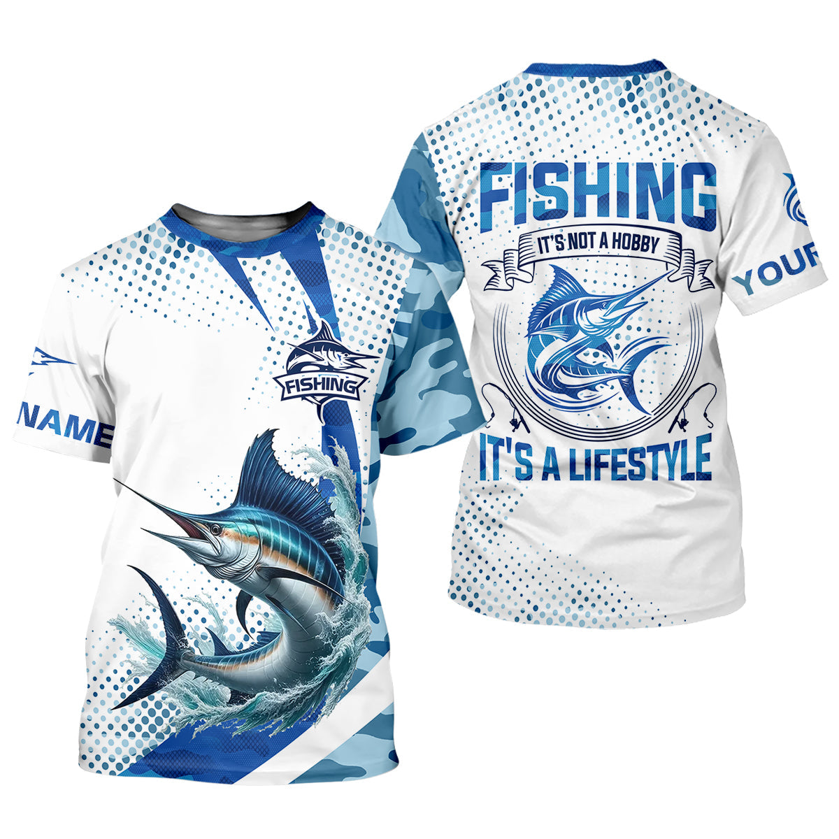 Fishing It's Not A Hobby It's A Lifestyle Blue Camo Fishing UPF Shirts, Blue Marlin Fishing Shirts For Men