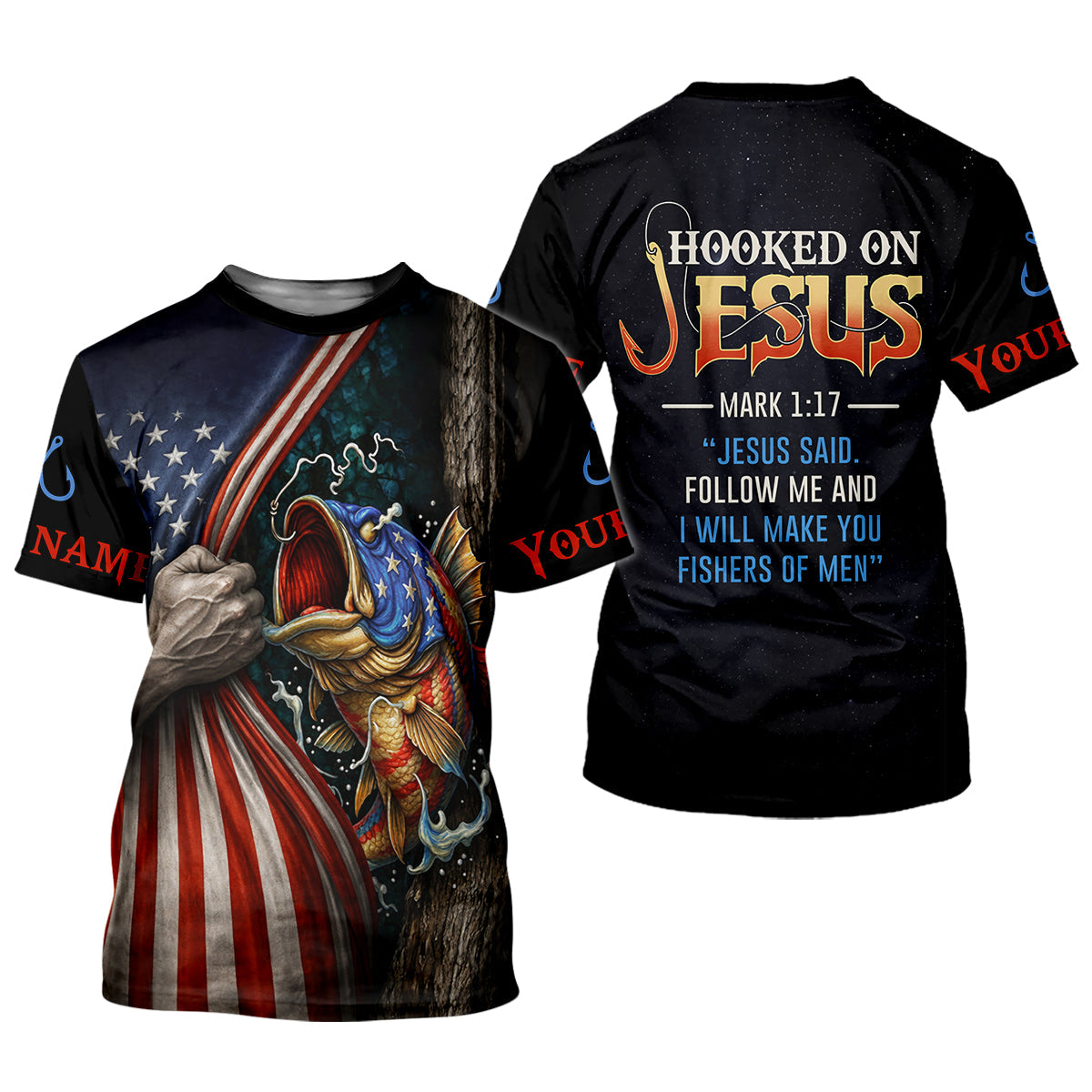 Hooked On Jesus Shirt, Personalized Christian Fishing Shirt, Mark 1:17 Fisher Of Men, Fishing UPF Shirts